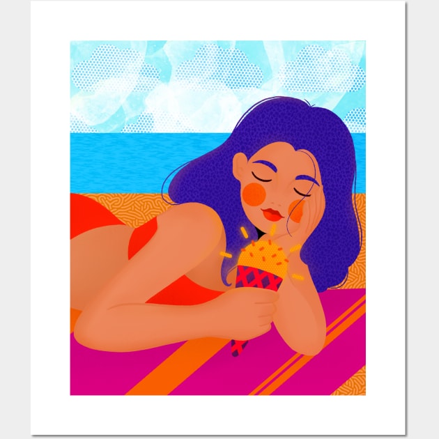 Summer girl at the beach with sunny ice cream, version 2 Wall Art by iulistration